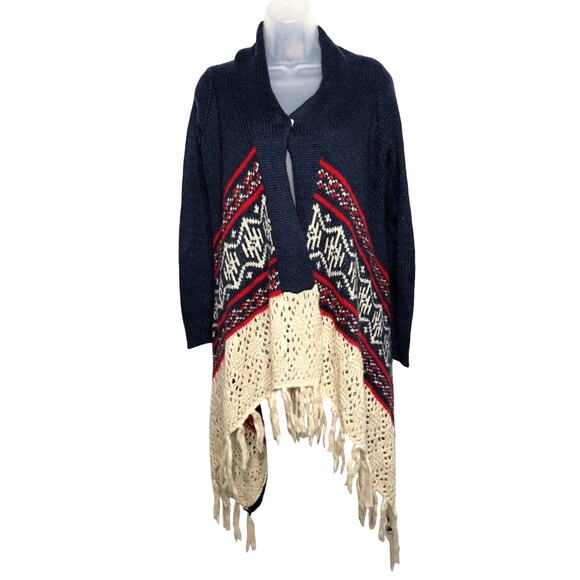 Canyon River Blues Fringe Western Crochet Long Cardigan Sweater Size Small - Picture 1 of 7